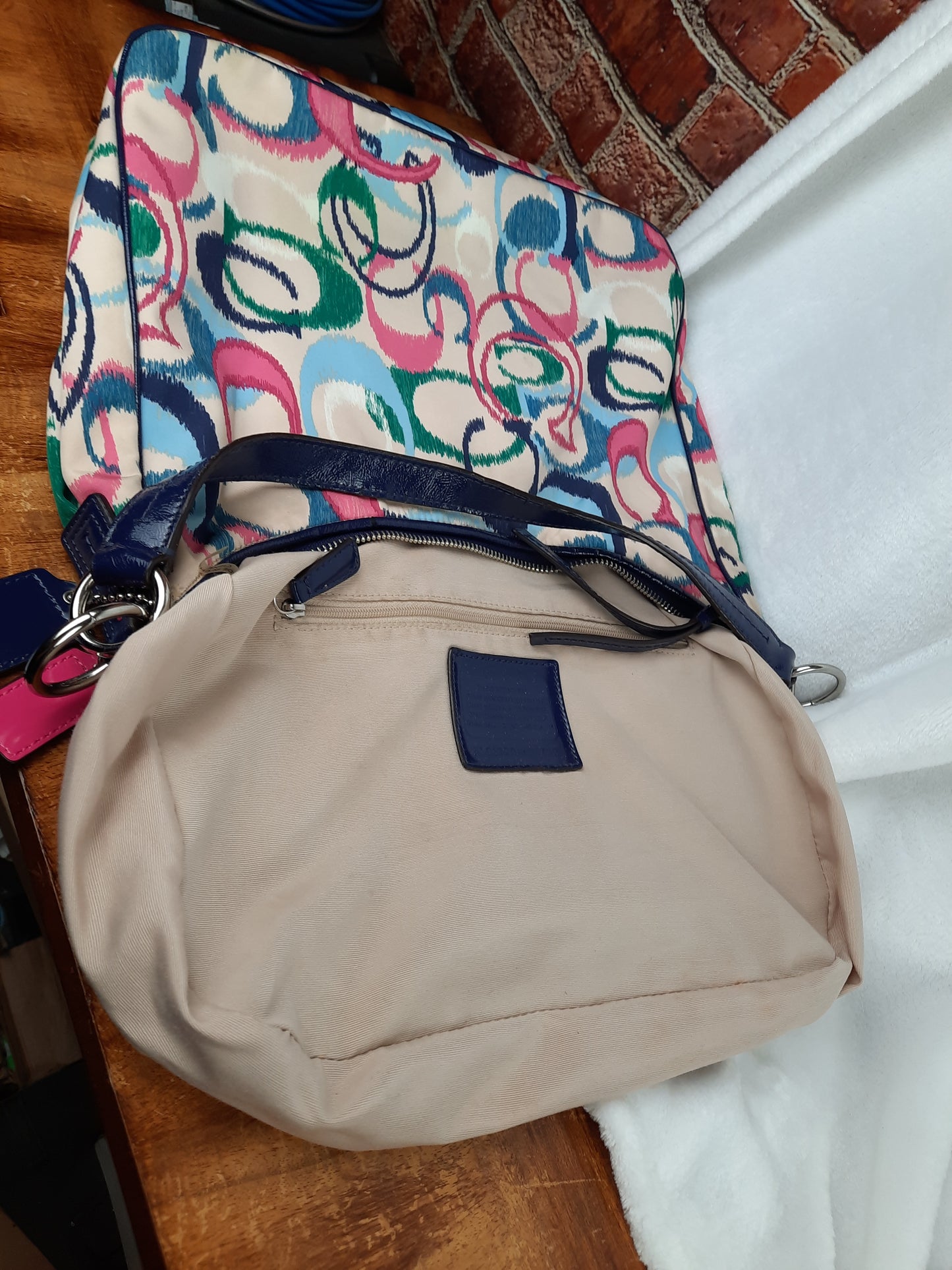 COACH Poppy Shoulder Bag Khaki with Pink Navy Blue and Green