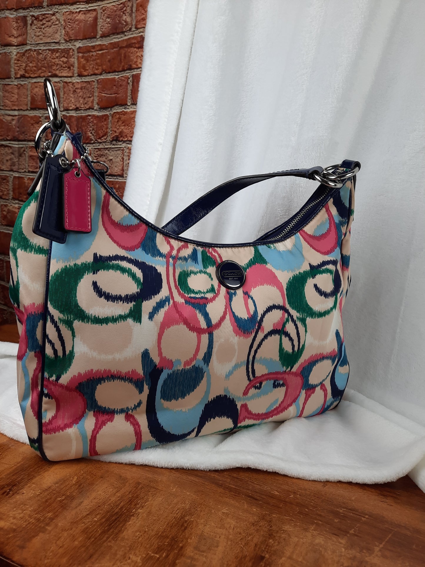 COACH Poppy Shoulder Bag Khaki with Pink Navy Blue and Green