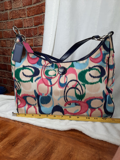 COACH Poppy Shoulder Bag Khaki with Pink Navy Blue and Green