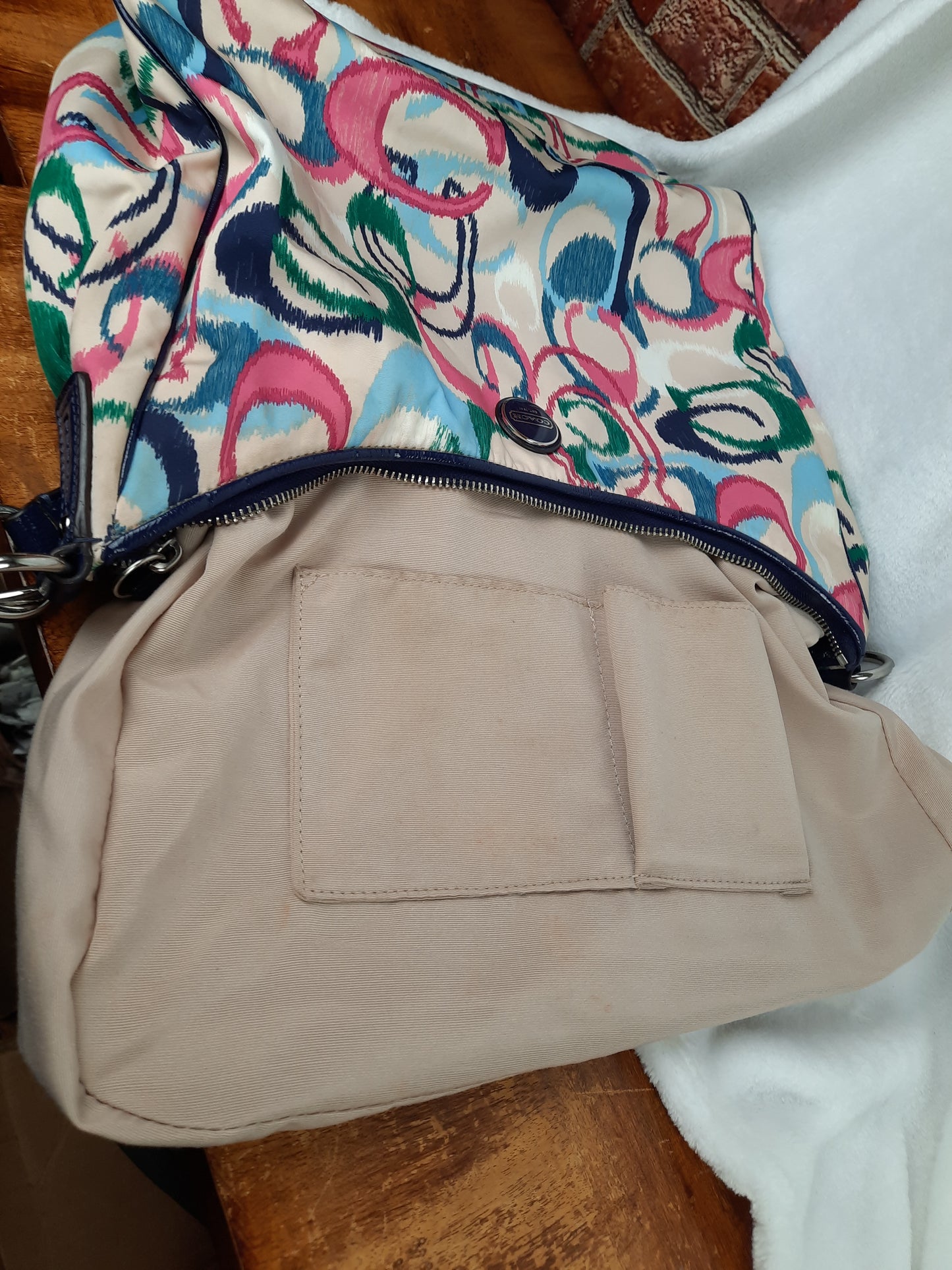 COACH Poppy Shoulder Bag Khaki with Pink Navy Blue and Green