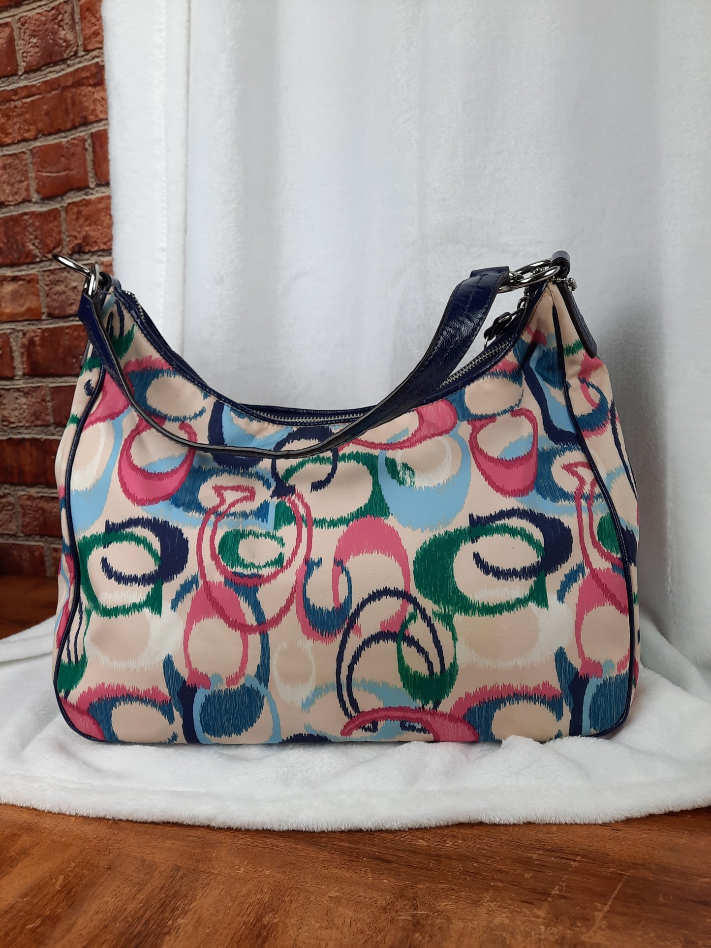 COACH Poppy Shoulder Bag Khaki with Pink Navy Blue and Green